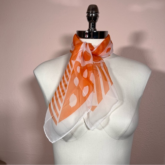 Vintage 60 70 Mod Geometric Orange White Semi Sheer Neck Scarf - Picture 5 of 17